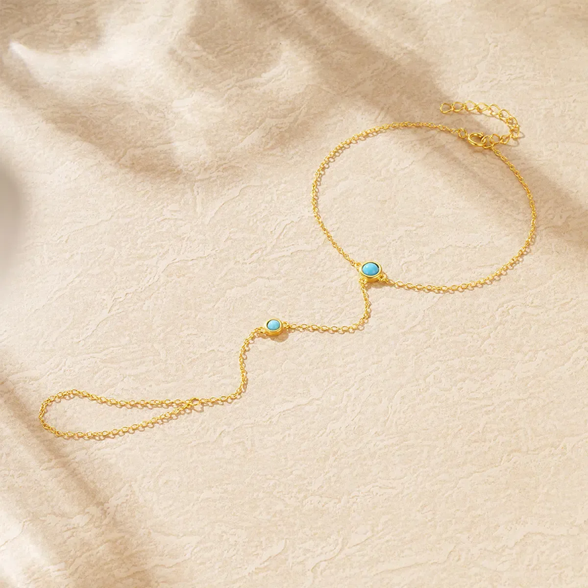 Sterling S925 Silve + 5A Zircon | Boho Turquoise Gold Finger Chain Bracelet​ | Nickel-Free Plating