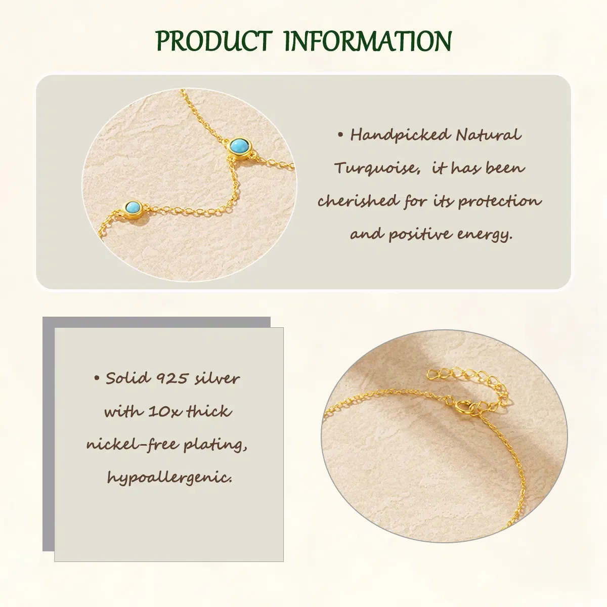 Sterling S925 Silve + 5A Zircon | Boho Turquoise Gold Finger Chain Bracelet​ | Nickel-Free Plating