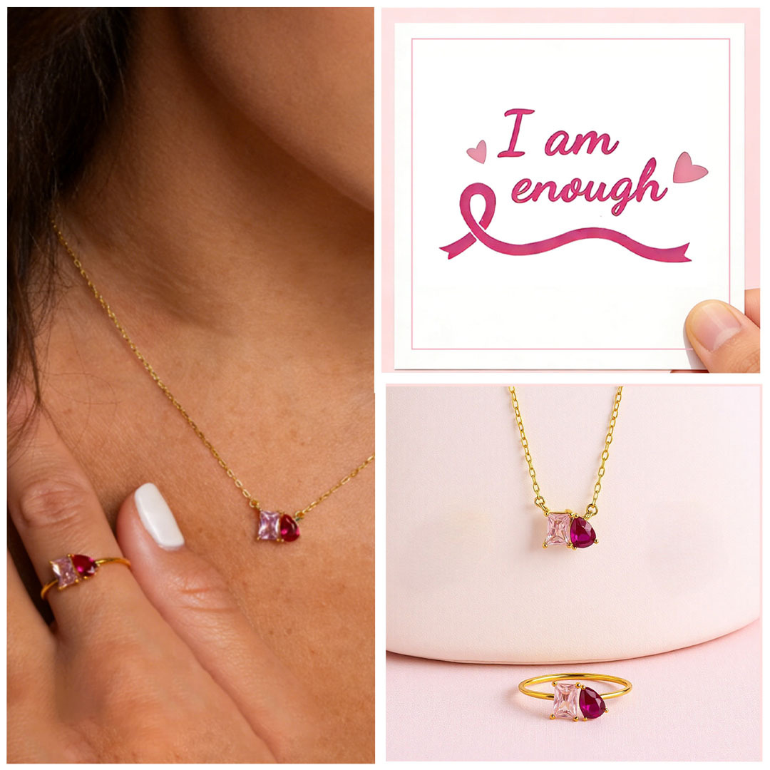 Breast Cancer Courage I Am Enough Necklace&Ring Set | Meaningful Jewelry Gift For Cancer Fighter