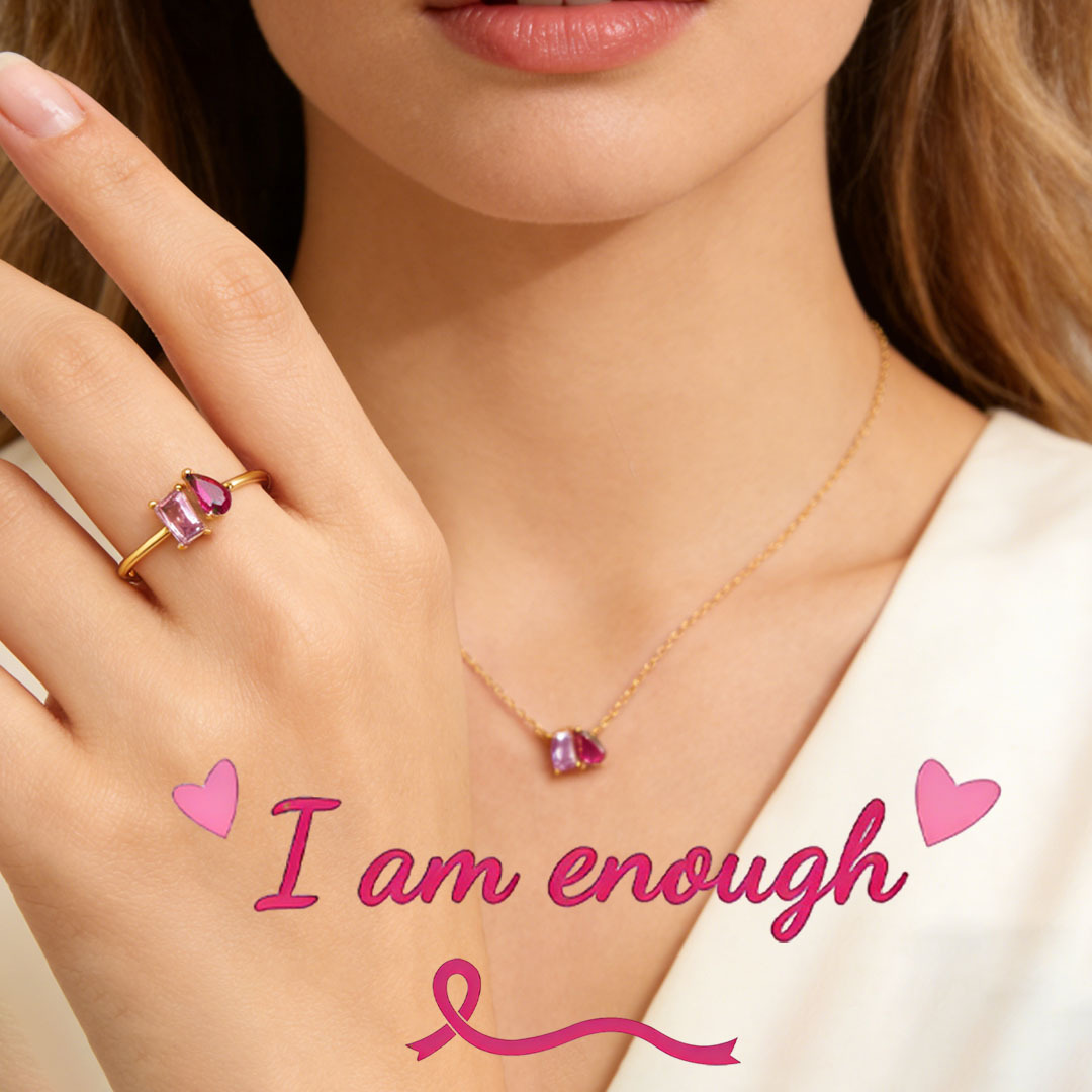 Breast Cancer Courage I Am Enough Necklace&Ring Set | Meaningful Jewelry Gift For Cancer Fighter