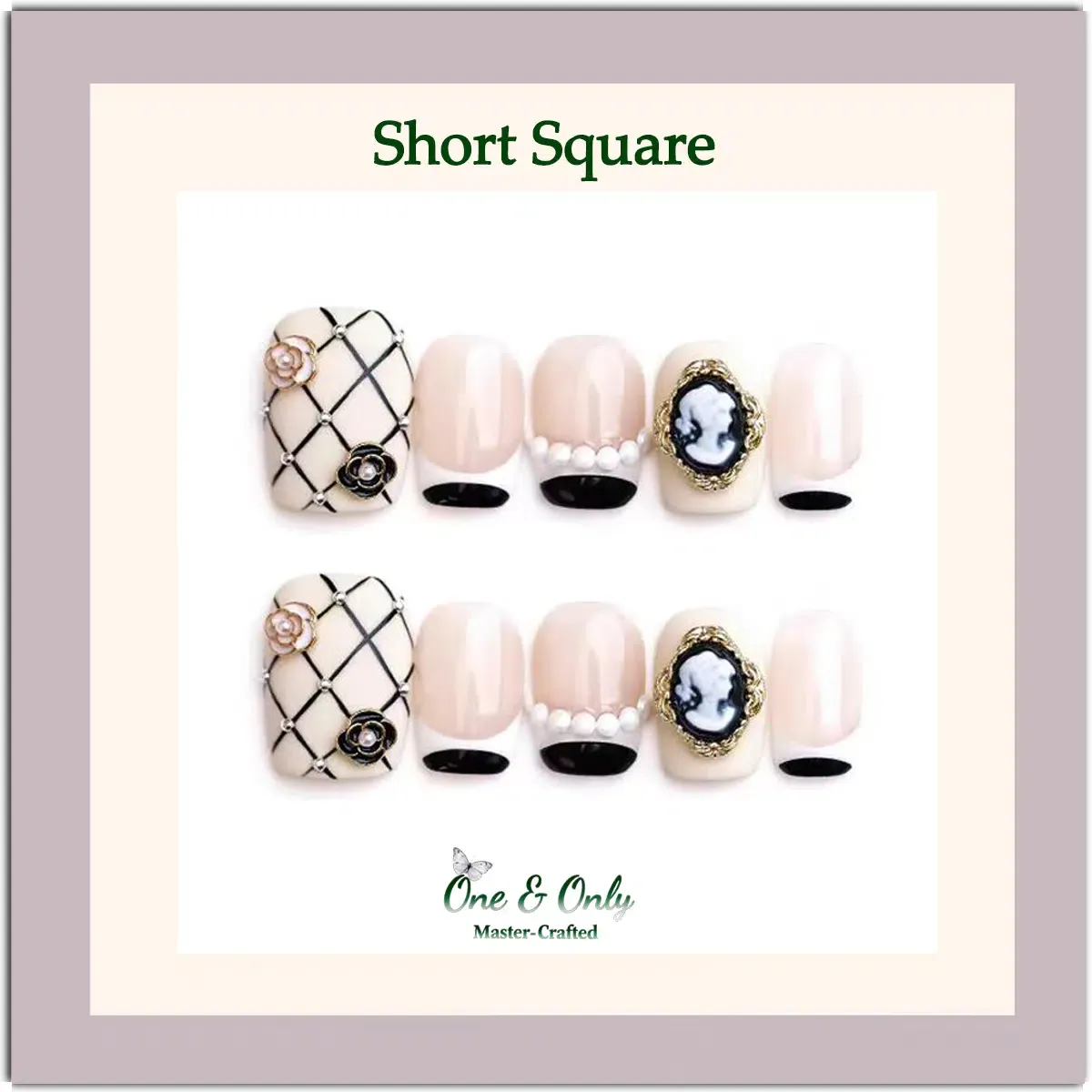 Camélia Élégance Press-On Nails | Short Square & Medium Almond Shapes | Chanel-Inspired Pearl & Cameo Design