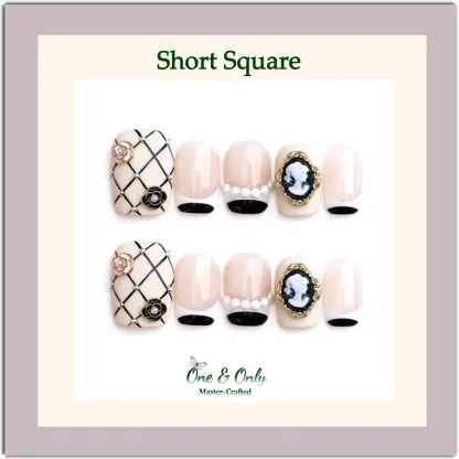 Camélia Élégance Press-On Nails | Short Square & Medium Almond Shapes | Chanel-Inspired Pearl & Cameo Design