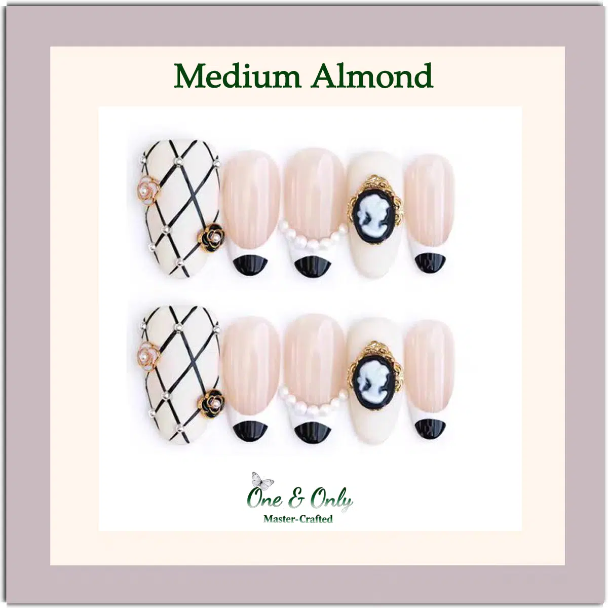 Camélia Élégance Press-On Nails | Short Square & Medium Almond Shapes | Chanel-Inspired Pearl & Cameo Design