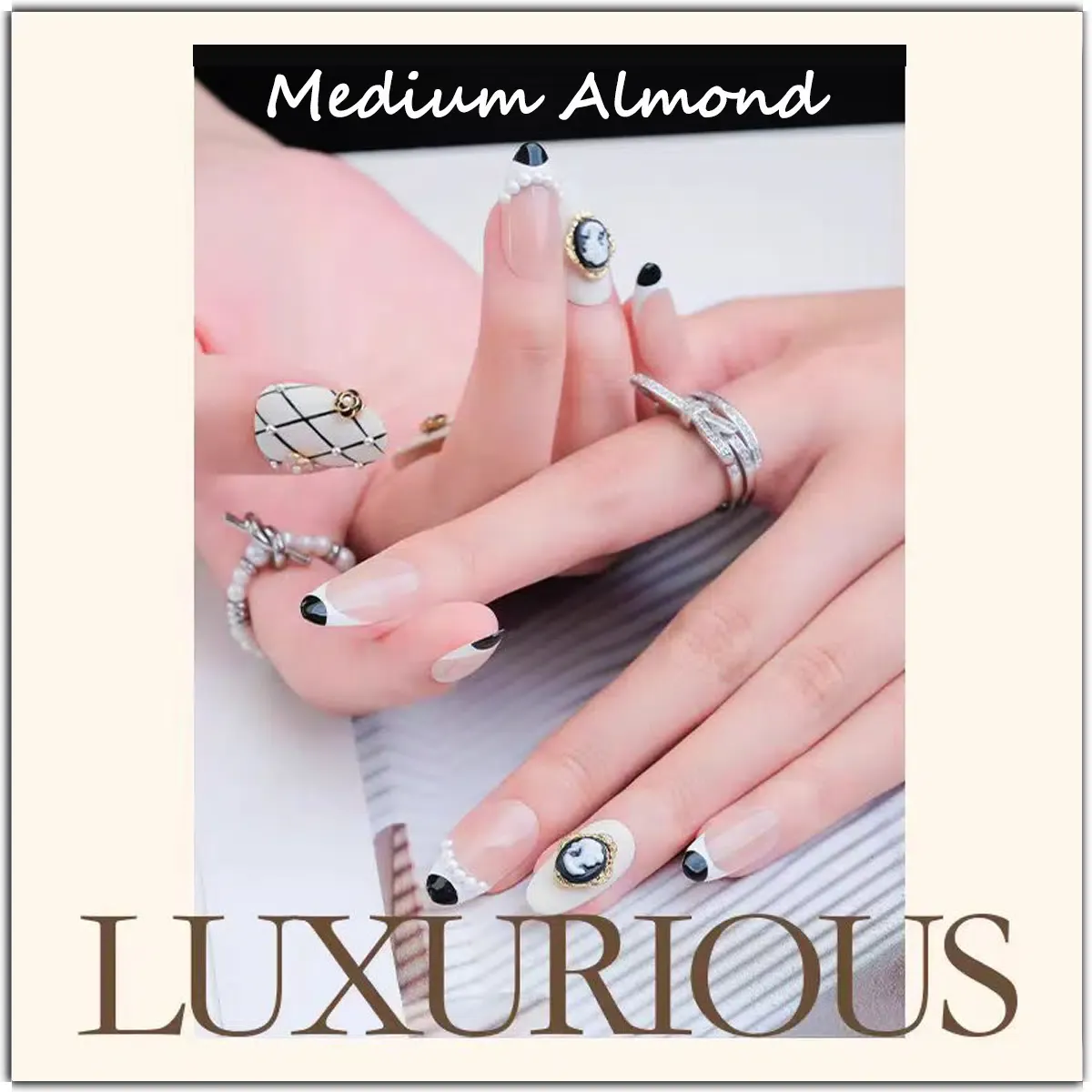 Camélia Élégance Press-On Nails | Short Square & Medium Almond Shapes | Chanel-Inspired Pearl & Cameo Design