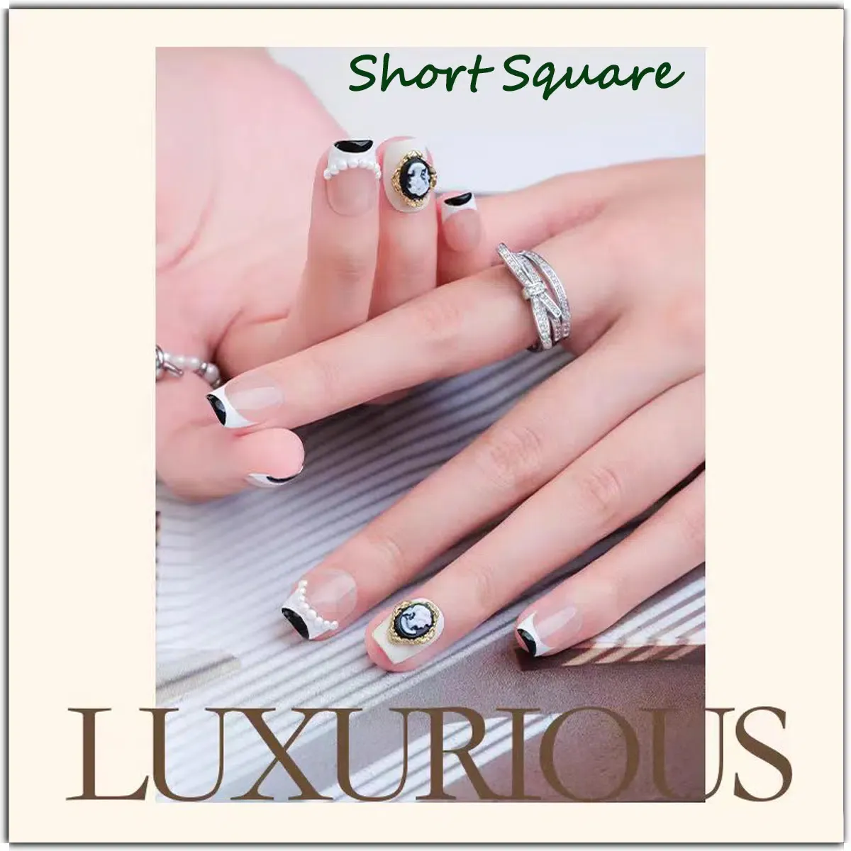 Camélia Élégance Press-On Nails | Short Square & Medium Almond Shapes | Chanel-Inspired Pearl & Cameo Design