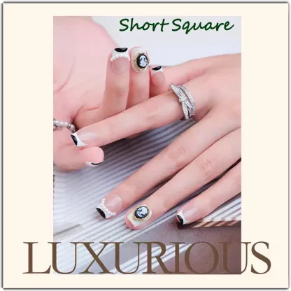 Camélia Élégance Press-On Nails | Short Square & Medium Almond Shapes | Chanel-Inspired Pearl & Cameo Design