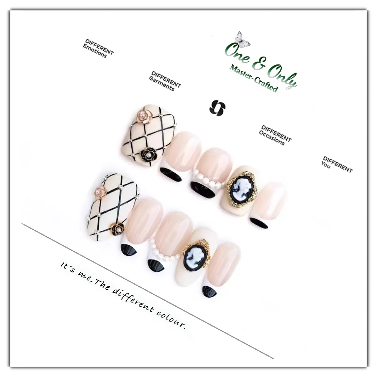 Camélia Élégance Press-On Nails | Short Square & Medium Almond Shapes | Chanel-Inspired Pearl & Cameo Design