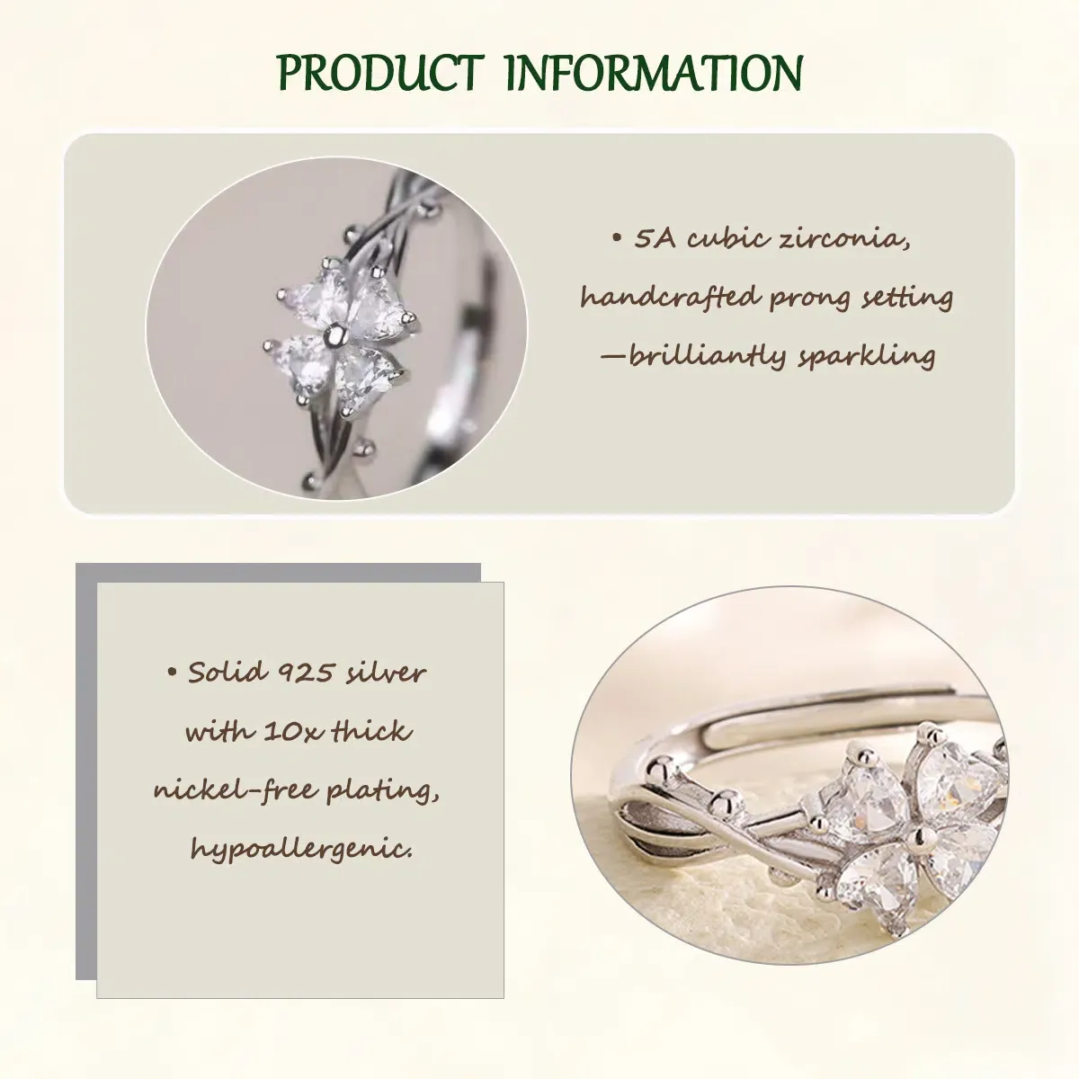 Sterling S925 Silve + 5A Zircon | Sparkling Four-Leaf Clover Ring | Nickel-Free Plating