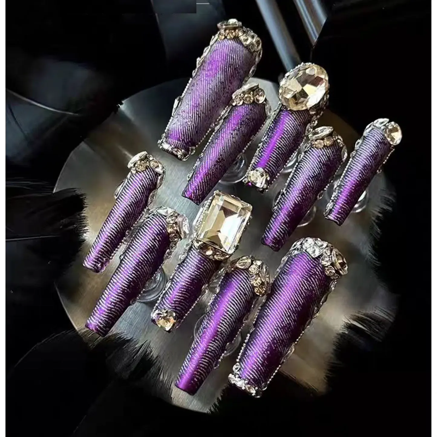 Electric Purple Cowgirl Glam Press-On Nails | Metallic Zircon Diamonds Bling