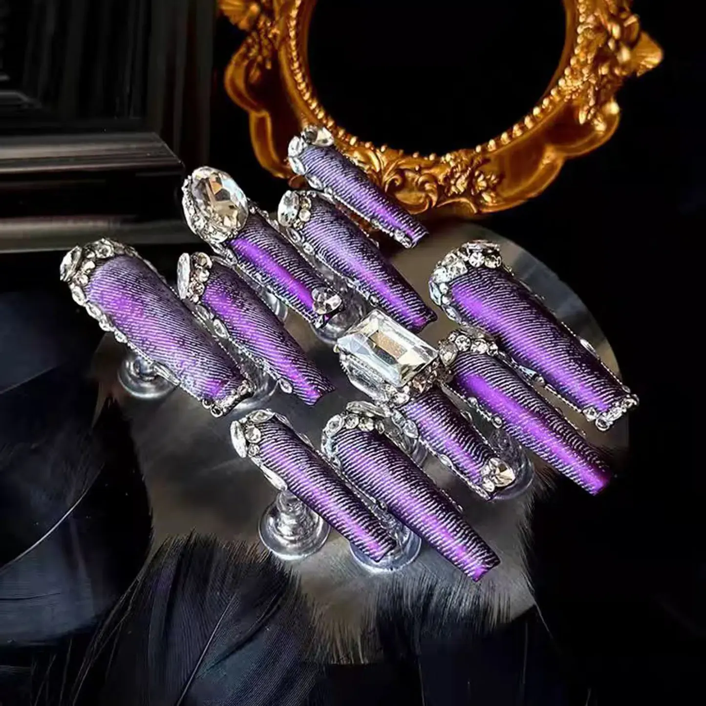 Electric Purple Cowgirl Glam Press-On Nails | Metallic Zircon Diamonds Bling