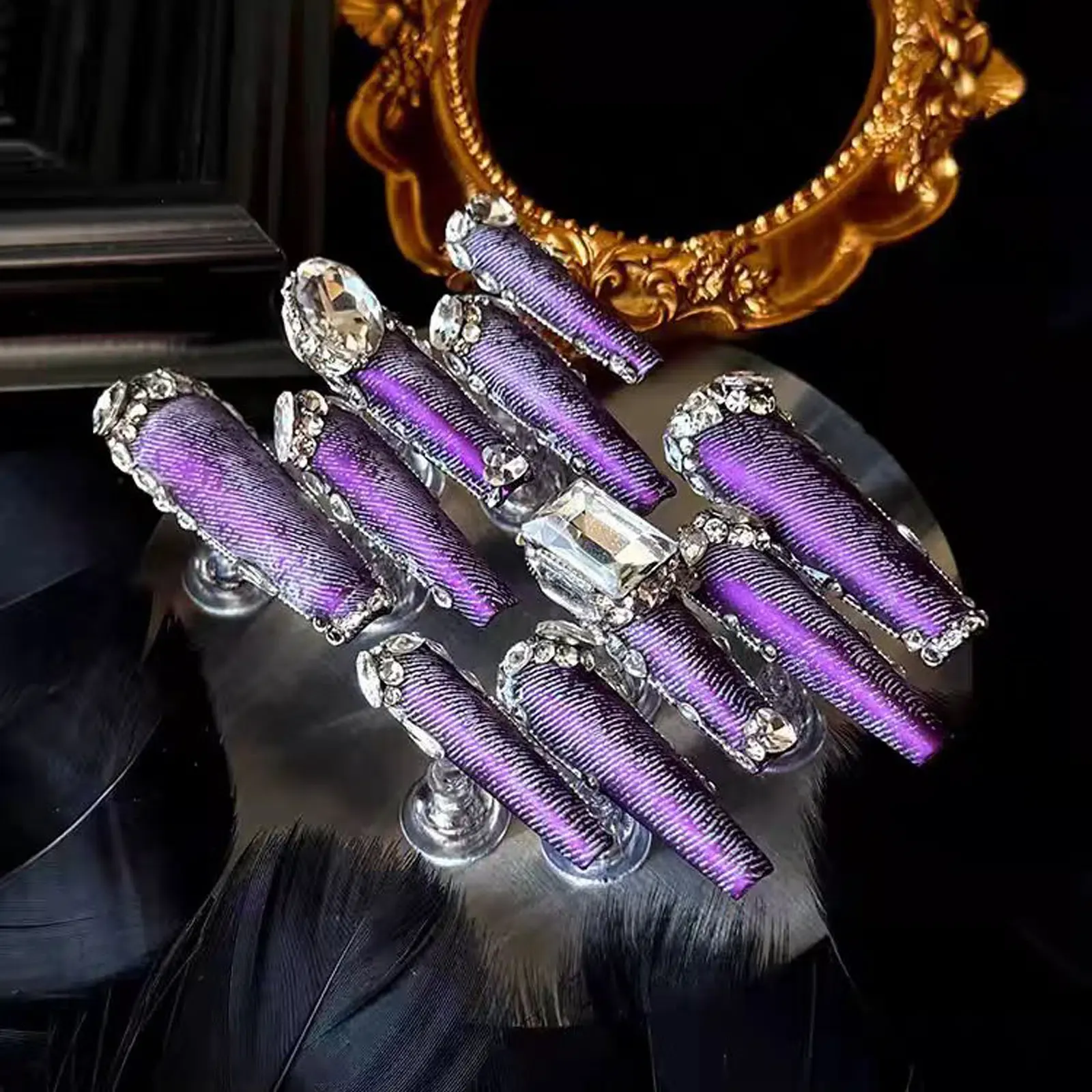 Electric Purple Cowgirl Glam Press-On Nails | Metallic Zircon Diamonds Bling