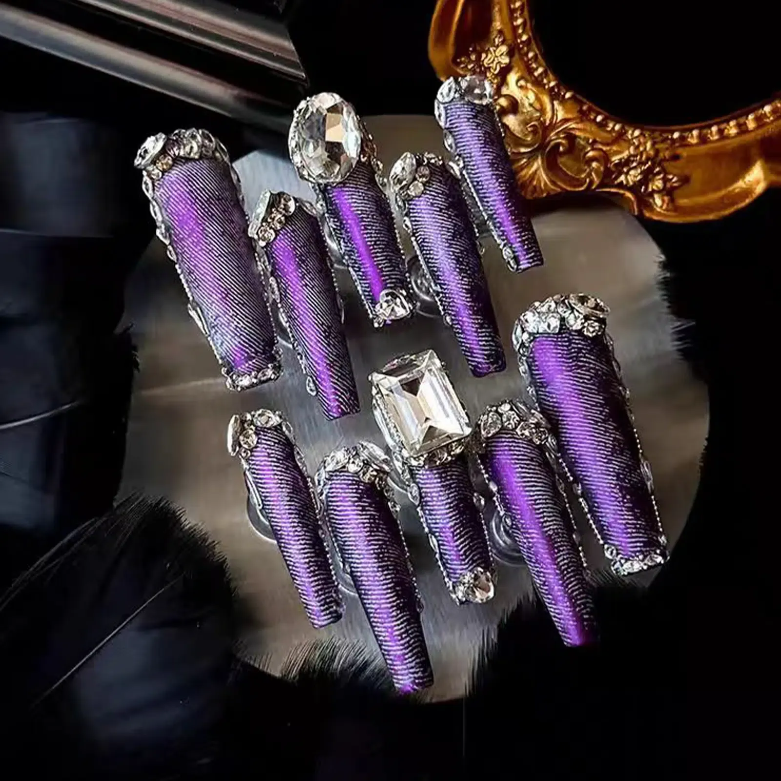 Electric Purple Cowgirl Glam Press-On Nails | Metallic Zircon Diamonds Bling