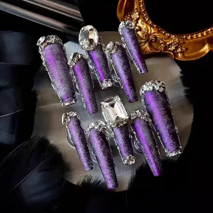 Electric Purple Cowgirl Glam Press-On Nails | Metallic Zircon Diamonds Bling