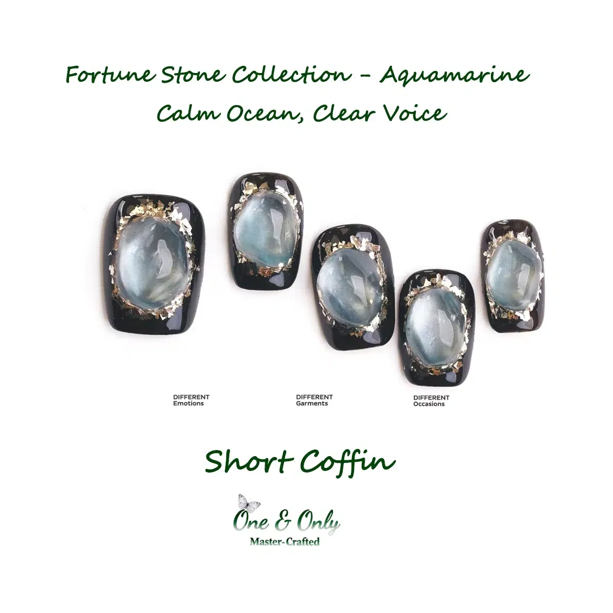Fortune Stone Collection - Aquamarine | Calm Ocean, Clear Voice | Short Coffin Shape | Handcrafted press-on nails