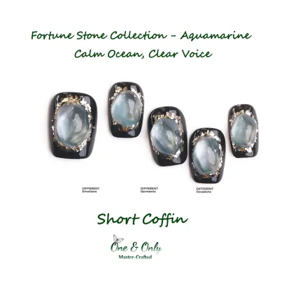 Fortune Stone Collection - Aquamarine | Calm Ocean, Clear Voice | Short Coffin Shape | Handcrafted press-on nails