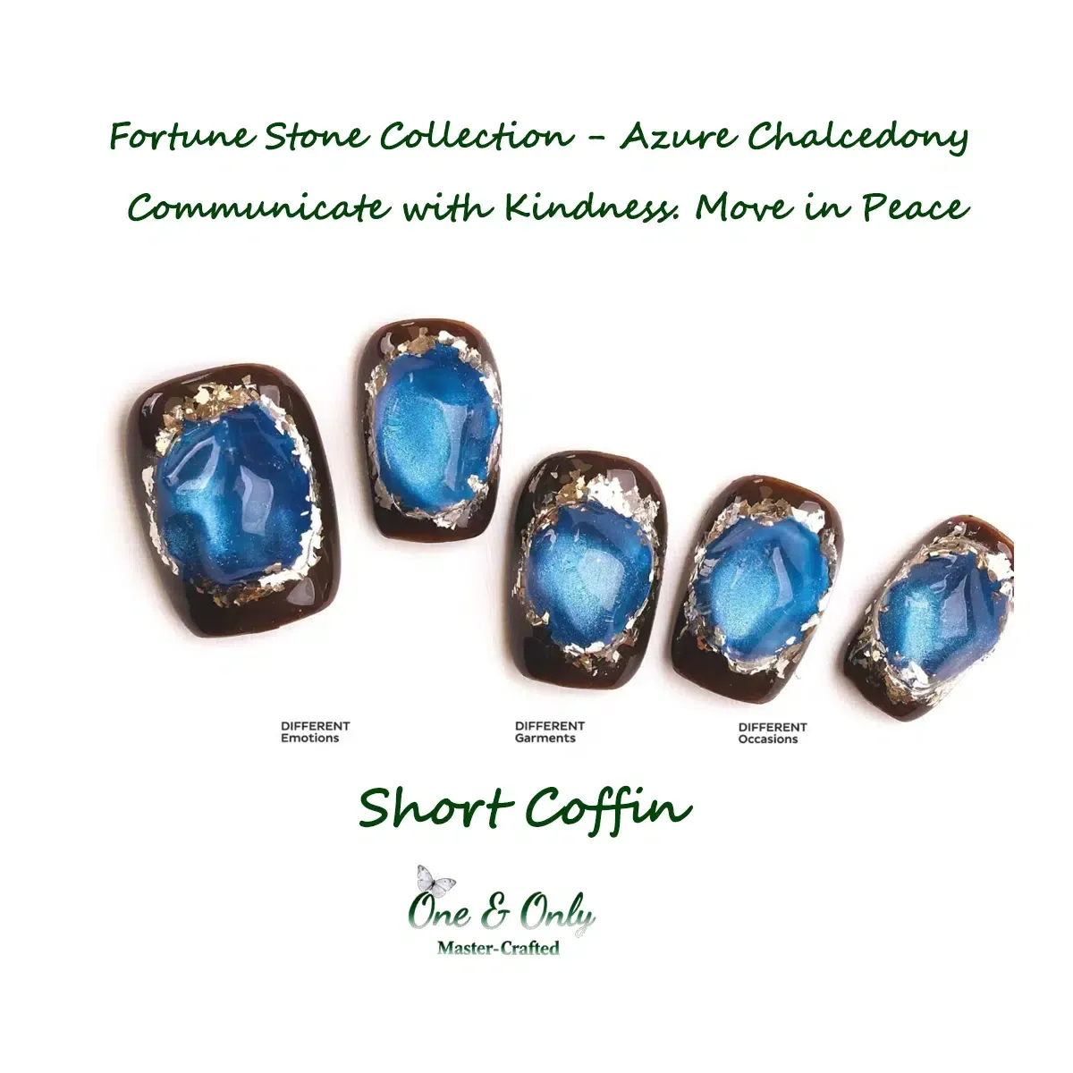 Fortune Stone Collection - Azure Chalcedony |  Communicate with Kindness. Move in Peace | Short Coffin Shape | Handcrafted press-on nails