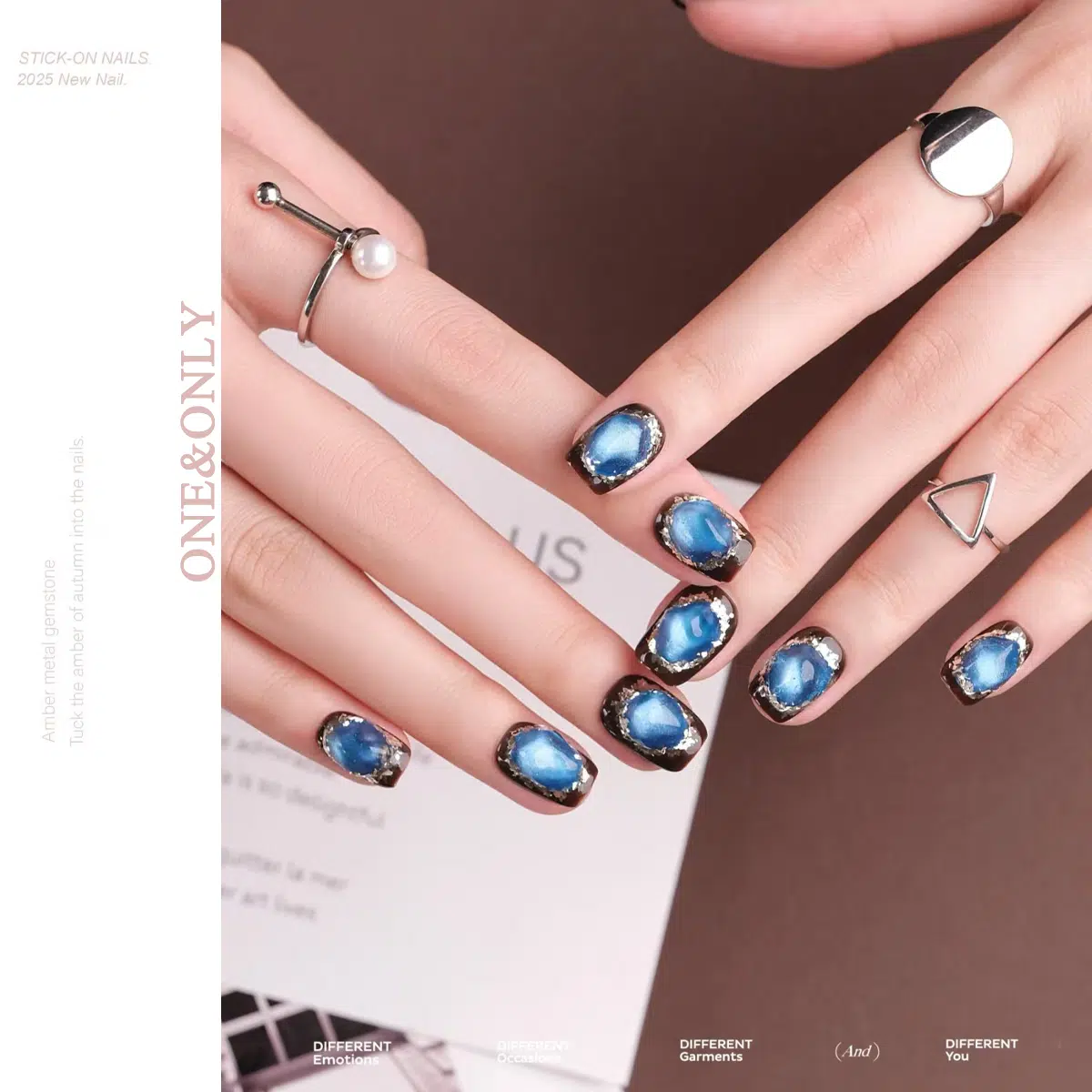 Fortune Stone Collection - Azure Chalcedony |  Communicate with Kindness. Move in Peace | Short Coffin Shape | Handcrafted press-on nails