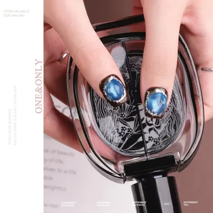 Fortune Stone Collection - Azure Chalcedony |  Communicate with Kindness. Move in Peace | Short Coffin Shape | Handcrafted press-on nails