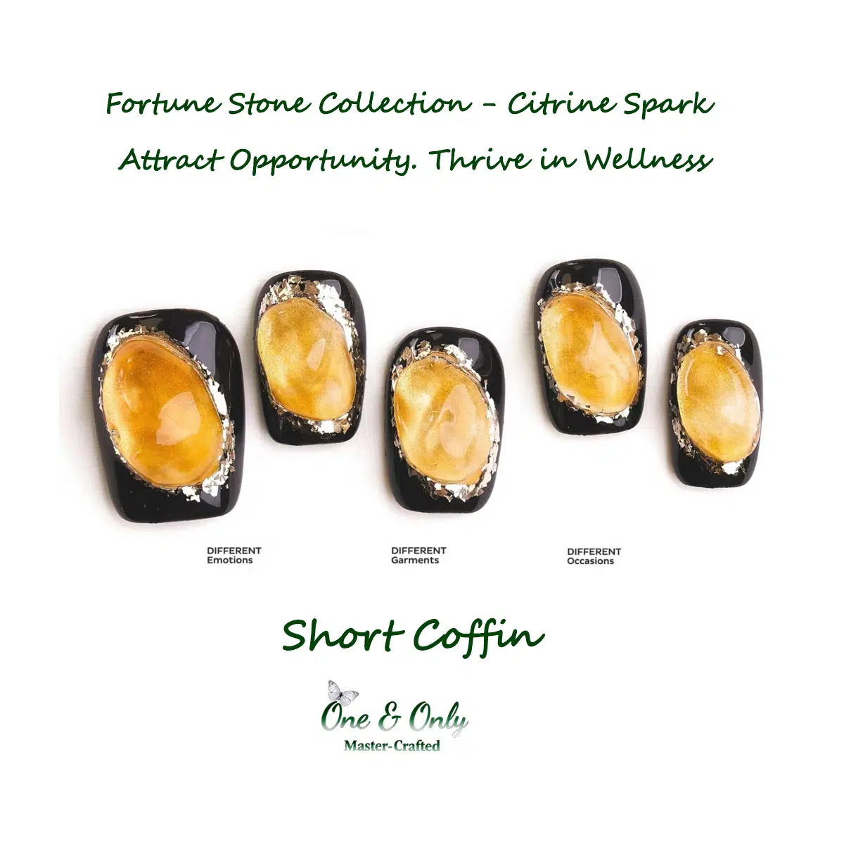 Fortune Stone Collection - Citrine Spark | Attract Opportunity. Thrive in Wellness | Short Coffin Shape |  Handcrafted press-on nails