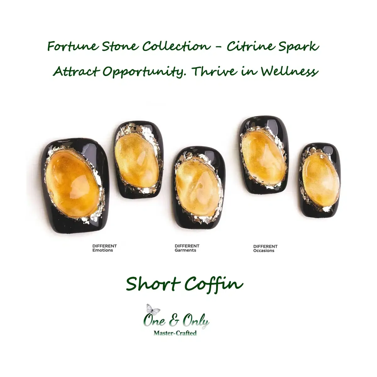 Fortune Stone Collection - Citrine Spark | Attract Opportunity. Thrive in Wellness | Short Coffin Shape |  Handcrafted press-on nails