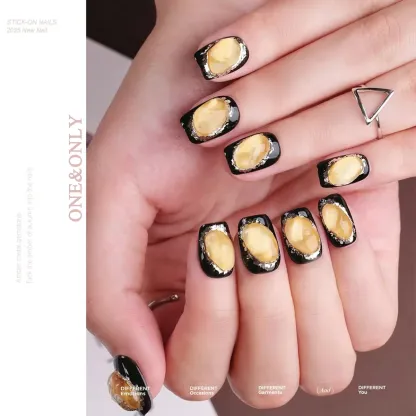 Fortune Stone Collection - Citrine Spark | Attract Opportunity. Thrive in Wellness | Short Coffin Shape |  Handcrafted press-on nails