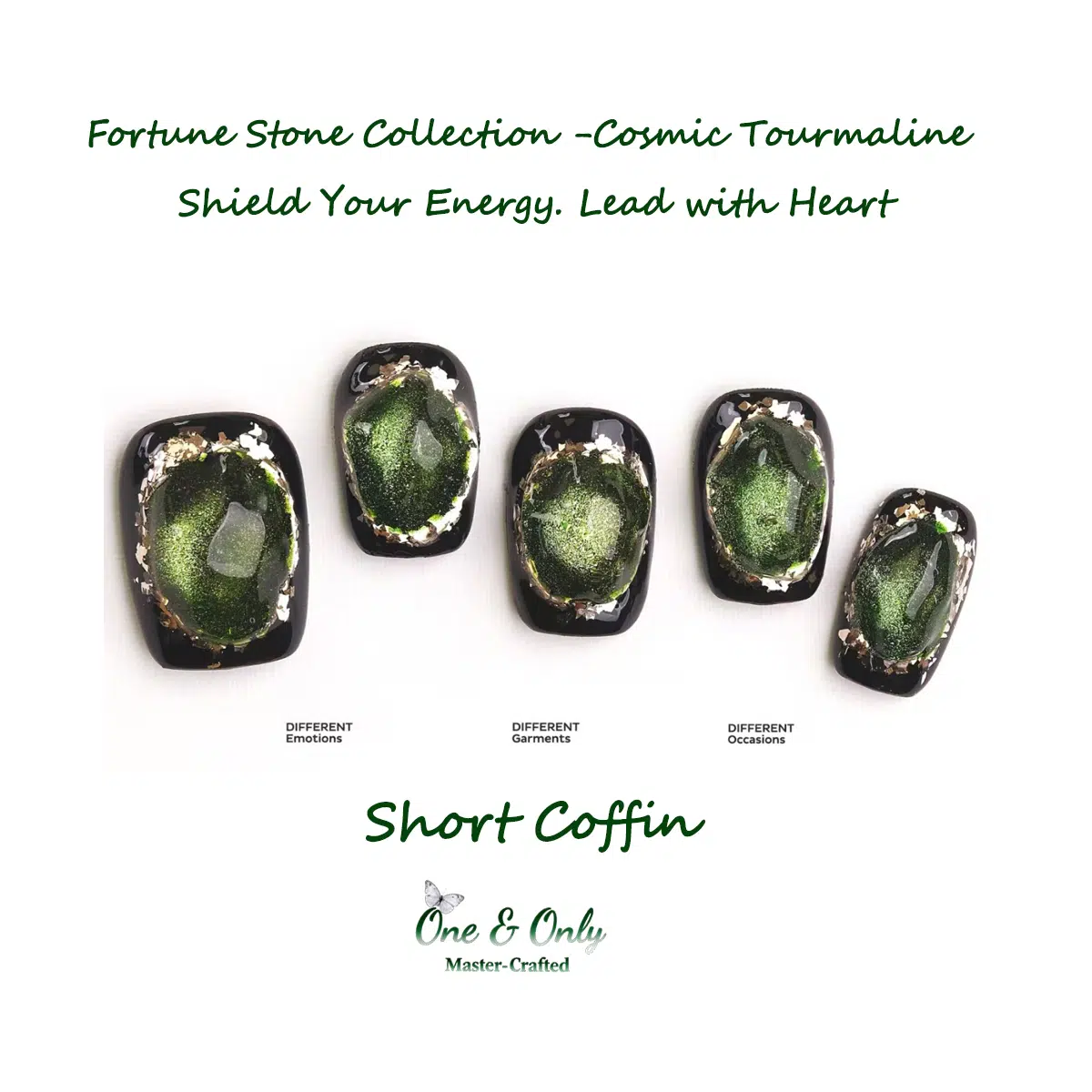 Fortune Stone Collection -Cosmic Tourmaline | Shield Your Energy. Lead with Heart | Short Coffin Shape | ​Handcrafted press-on nails