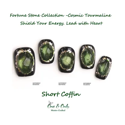 Fortune Stone Collection -Cosmic Tourmaline | Shield Your Energy. Lead with Heart | Short Coffin Shape | ​Handcrafted press-on nails
