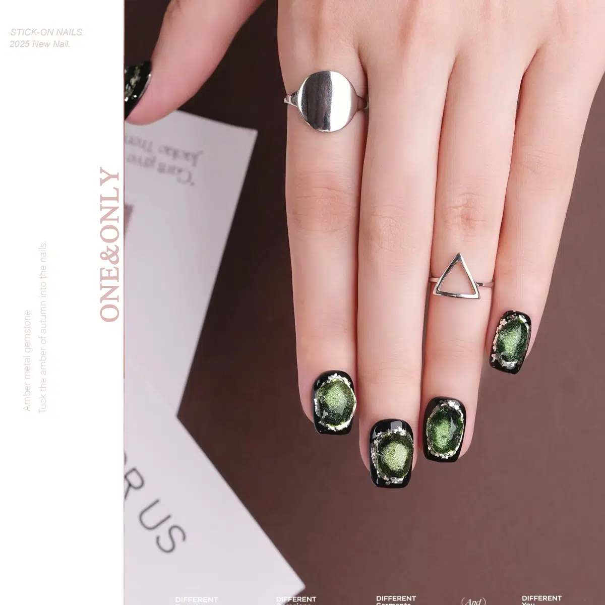 Fortune Stone Collection -Cosmic Tourmaline | Shield Your Energy. Lead with Heart | Short Coffin Shape | ​Handcrafted press-on nails