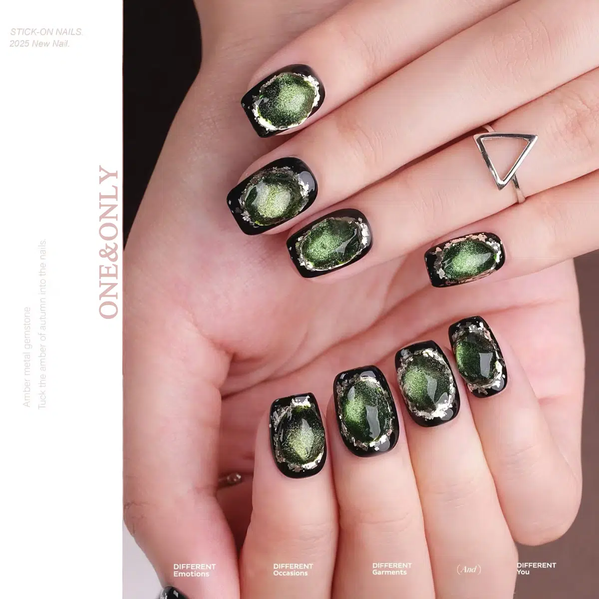 Fortune Stone Collection -Cosmic Tourmaline | Shield Your Energy. Lead with Heart | Short Coffin Shape | ​Handcrafted press-on nails