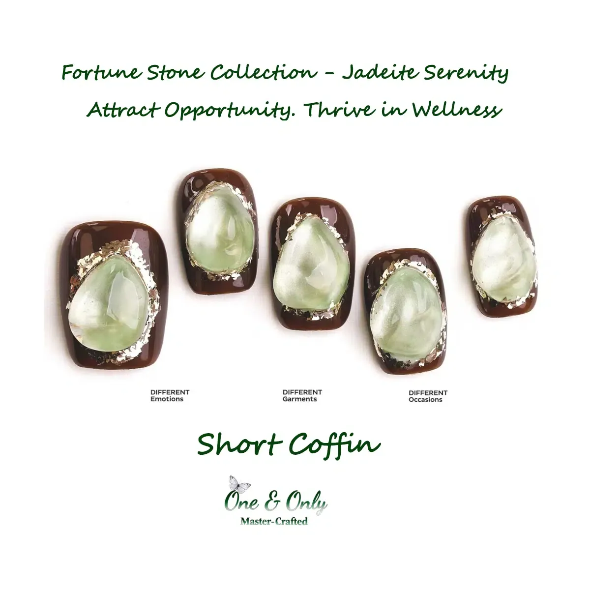 Fortune Stone Collection - Jadeite Serenity | Attract Opportunity. Thrive in Wellness | hort Coffin Shape | Handcrafted press-on nails