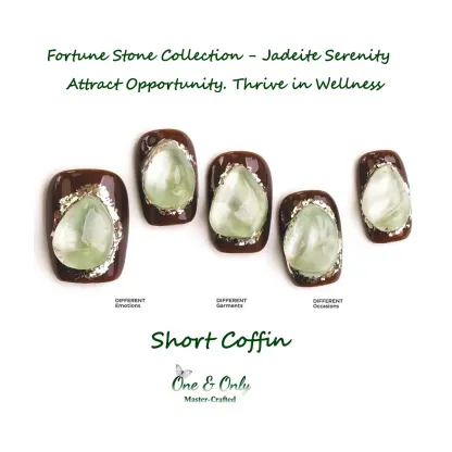 Fortune Stone Collection - Jadeite Serenity | Attract Opportunity. Thrive in Wellness | hort Coffin Shape | Handcrafted press-on nails
