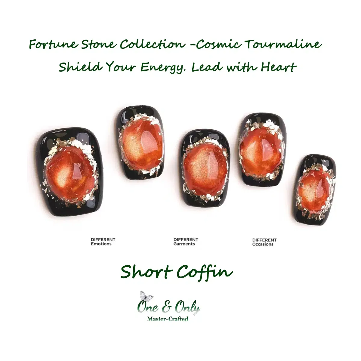 Fortune Stone Collection - Solar Amber | Embrace Joy. Radiate Positive Energy | hort Coffin Shape | Handcrafted press-on nails