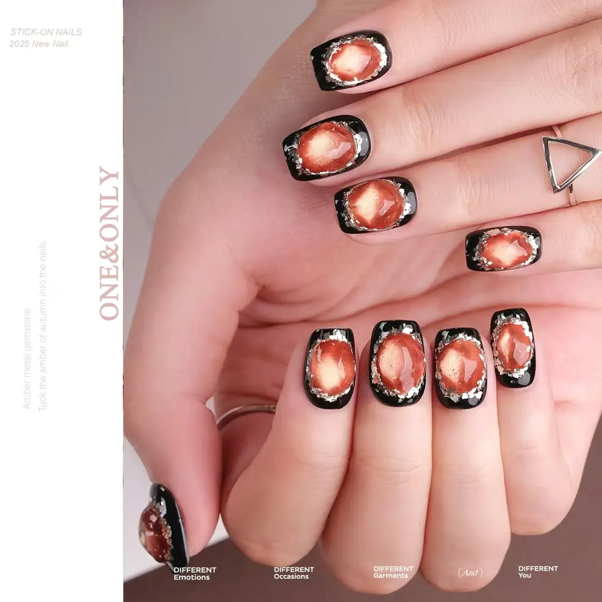 Fortune Stone Collection - Solar Amber | Embrace Joy. Radiate Positive Energy | hort Coffin Shape | Handcrafted press-on nails