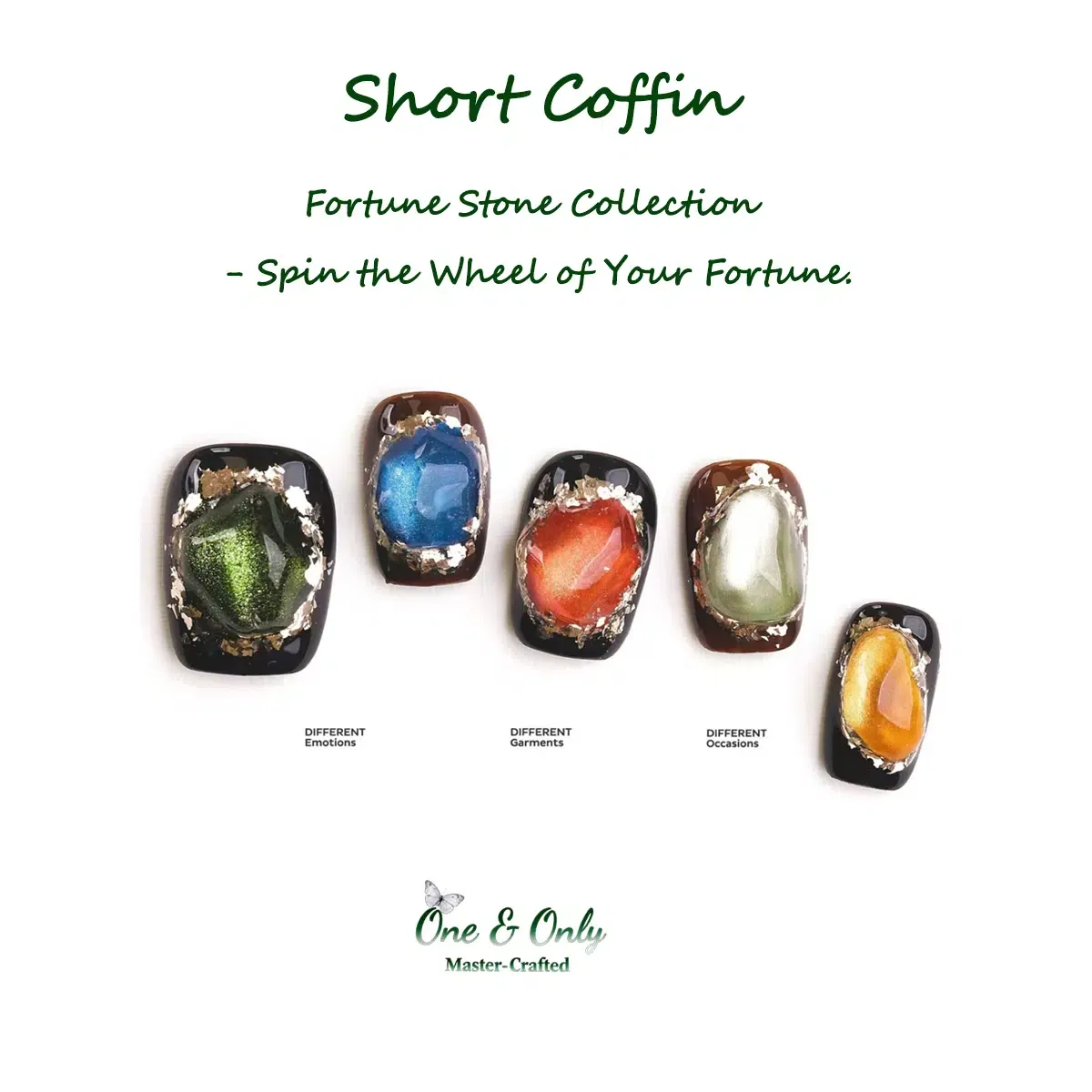 Fortune Stone Collection - Spin the Wheel of Your Fortune | Short Coffin Shape | For Luck & New Beginnings | Handcrafted press-on nails