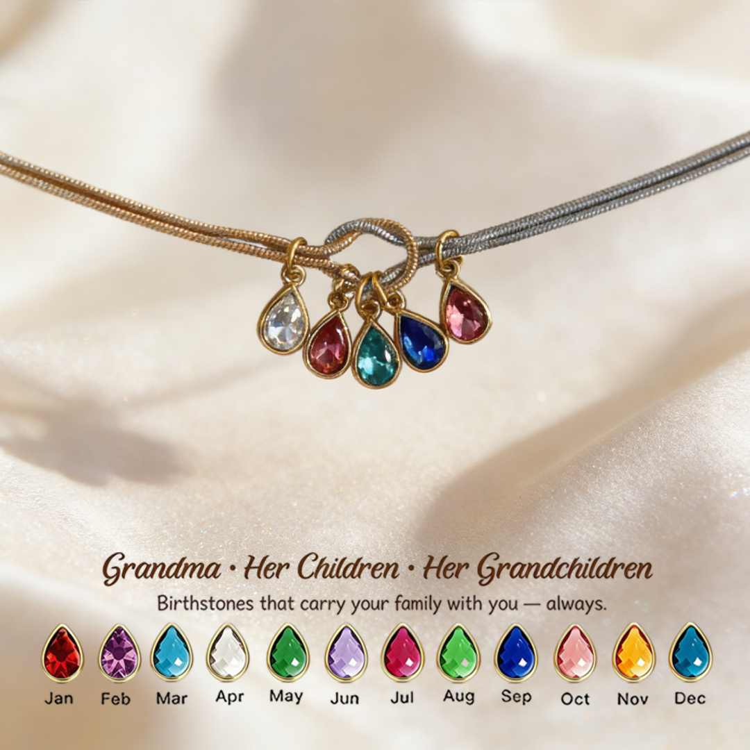 💧 Custom Teardrop Birthstone Bracelet – Personalized for Grandma – Up to 14 Heart-Shaped Birthstones 
