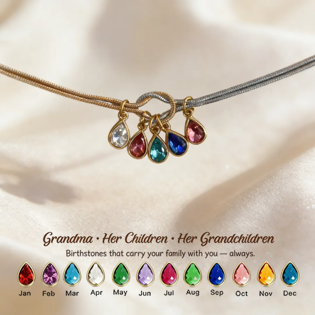 💧 Custom Teardrop Birthstone Bracelet – Personalized for Grandma – Up to 14 Heart-Shaped Birthstones 