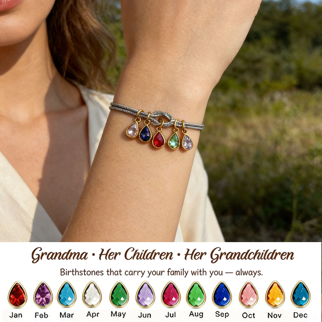💧 Custom Teardrop Birthstone Bracelet – Personalized for Grandma – Up to 14 Heart-Shaped Birthstones 