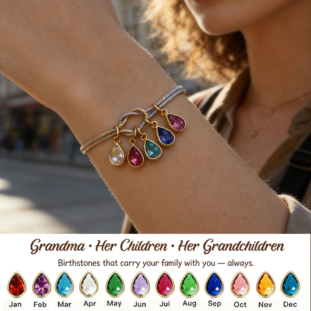 💧 Custom Teardrop Birthstone Bracelet – Personalized for Grandma – Up to 14 Heart-Shaped Birthstones 