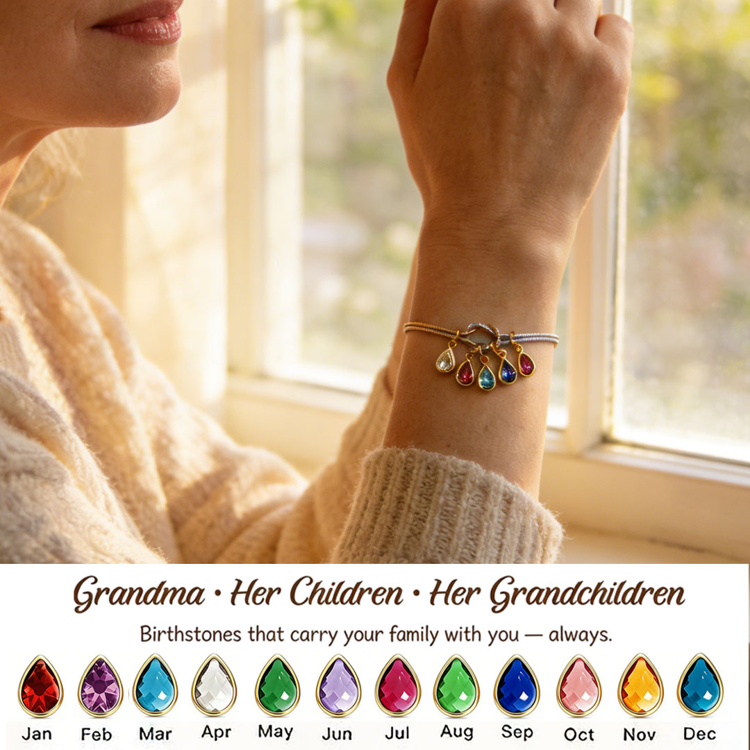 💧 Custom Teardrop Birthstone Bracelet – Personalized for Grandma – Up to 14 Heart-Shaped Birthstones 