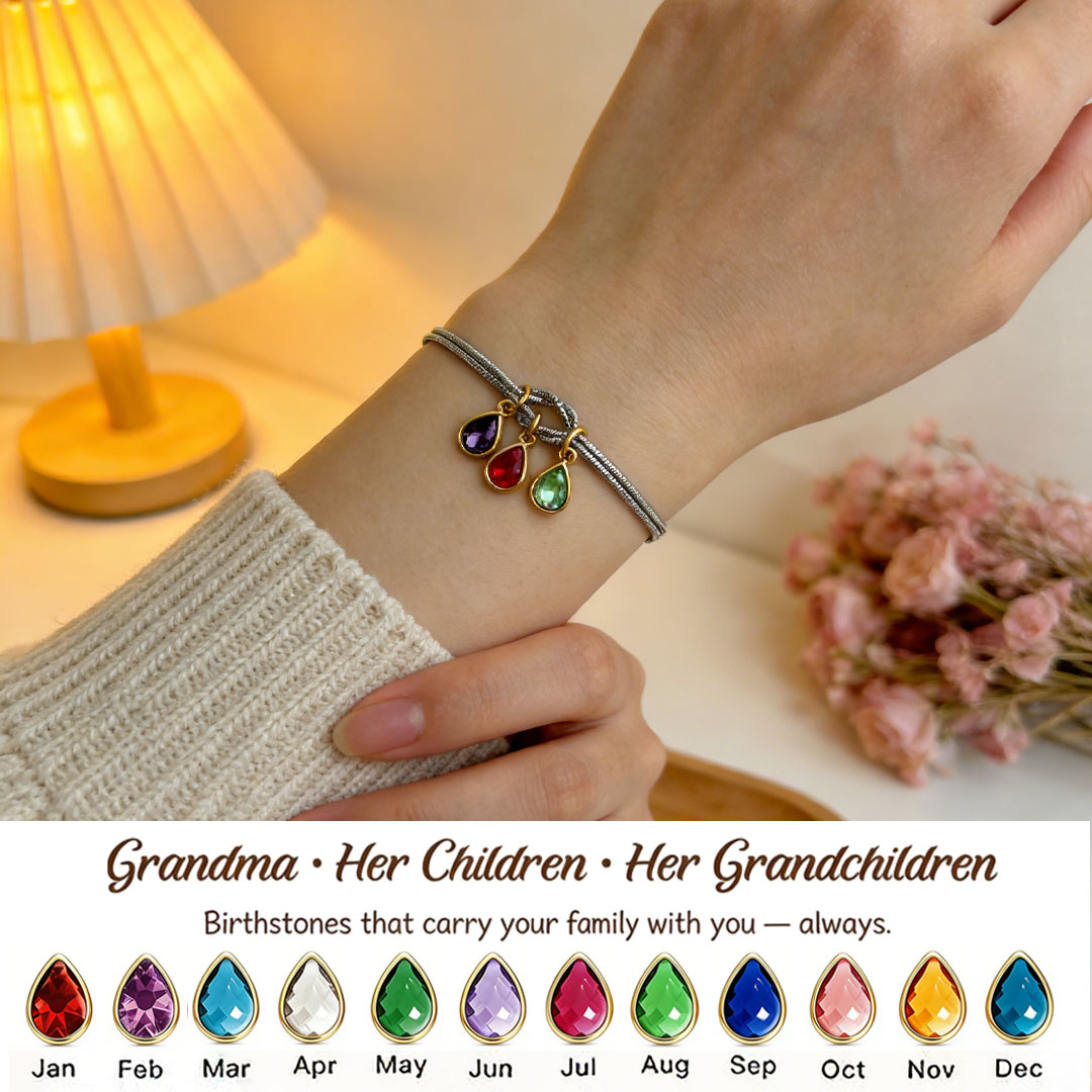 💧 Custom Teardrop Birthstone Bracelet – Personalized for Grandma – Up to 14 Heart-Shaped Birthstones 