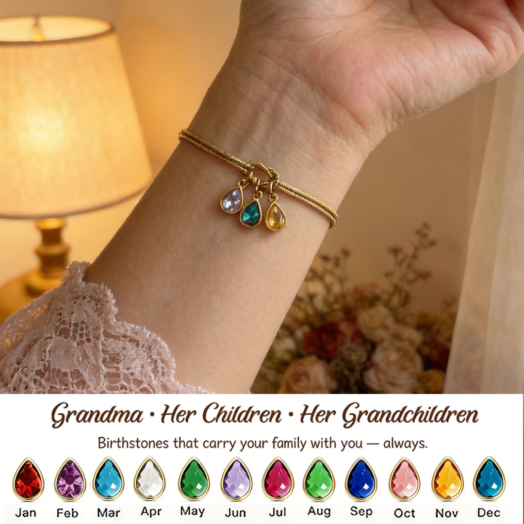 💧 Custom Teardrop Birthstone Bracelet – Personalized for Grandma – Up to 14 Heart-Shaped Birthstones 