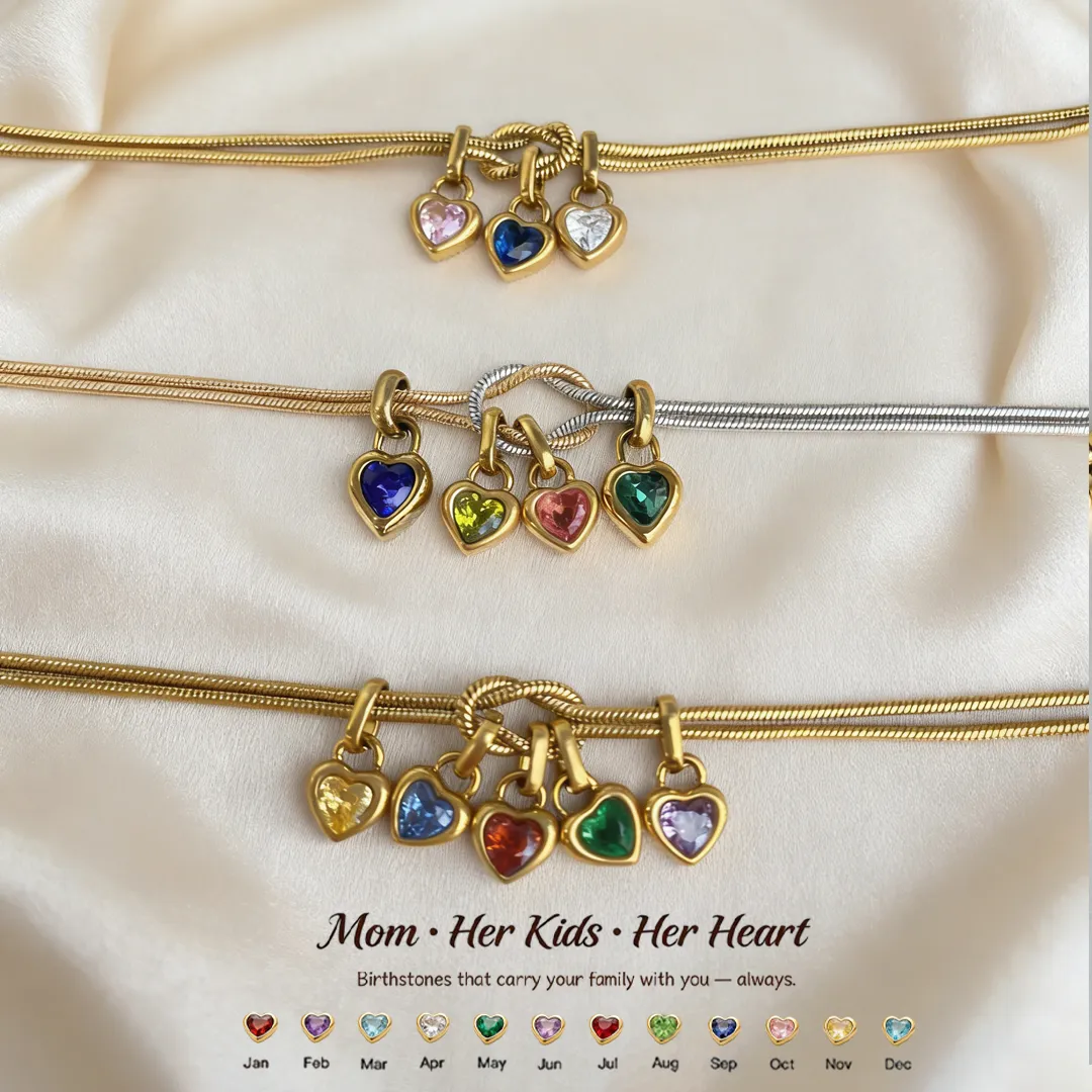 For Mom Custom Love Birthstone Knot Bracelet – Up to 14 Heart-Shaped Birthstones 