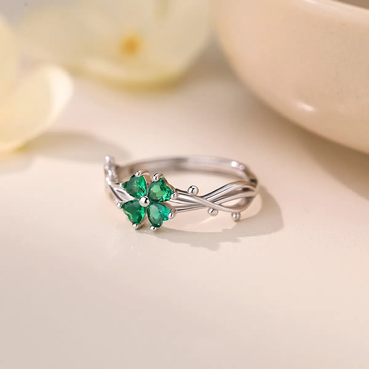 Sterling S999 Silve + 5A Grade Cubic Zirconia | Four-Leaf Clover Lucky Ring | Nickel-Free Plating | for Good Luck