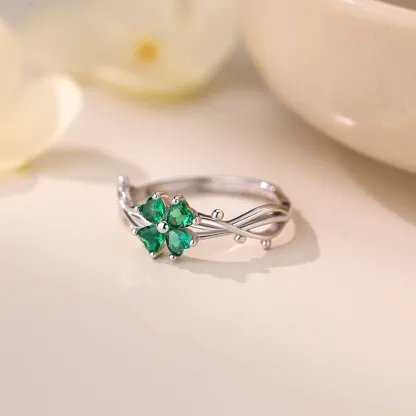 Sterling S999 Silve + 5A Grade Cubic Zirconia | Four-Leaf Clover Lucky Ring | Nickel-Free Plating | for Good Luck