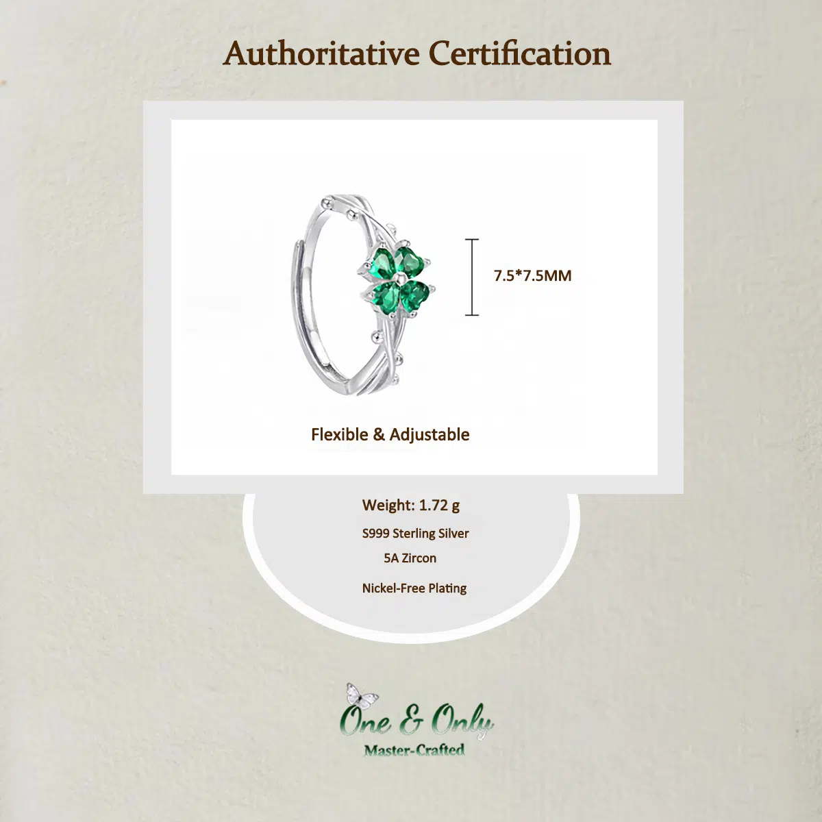Sterling S999 Silve + 5A Grade Cubic Zirconia | Four-Leaf Clover Lucky Ring | Nickel-Free Plating | for Good Luck