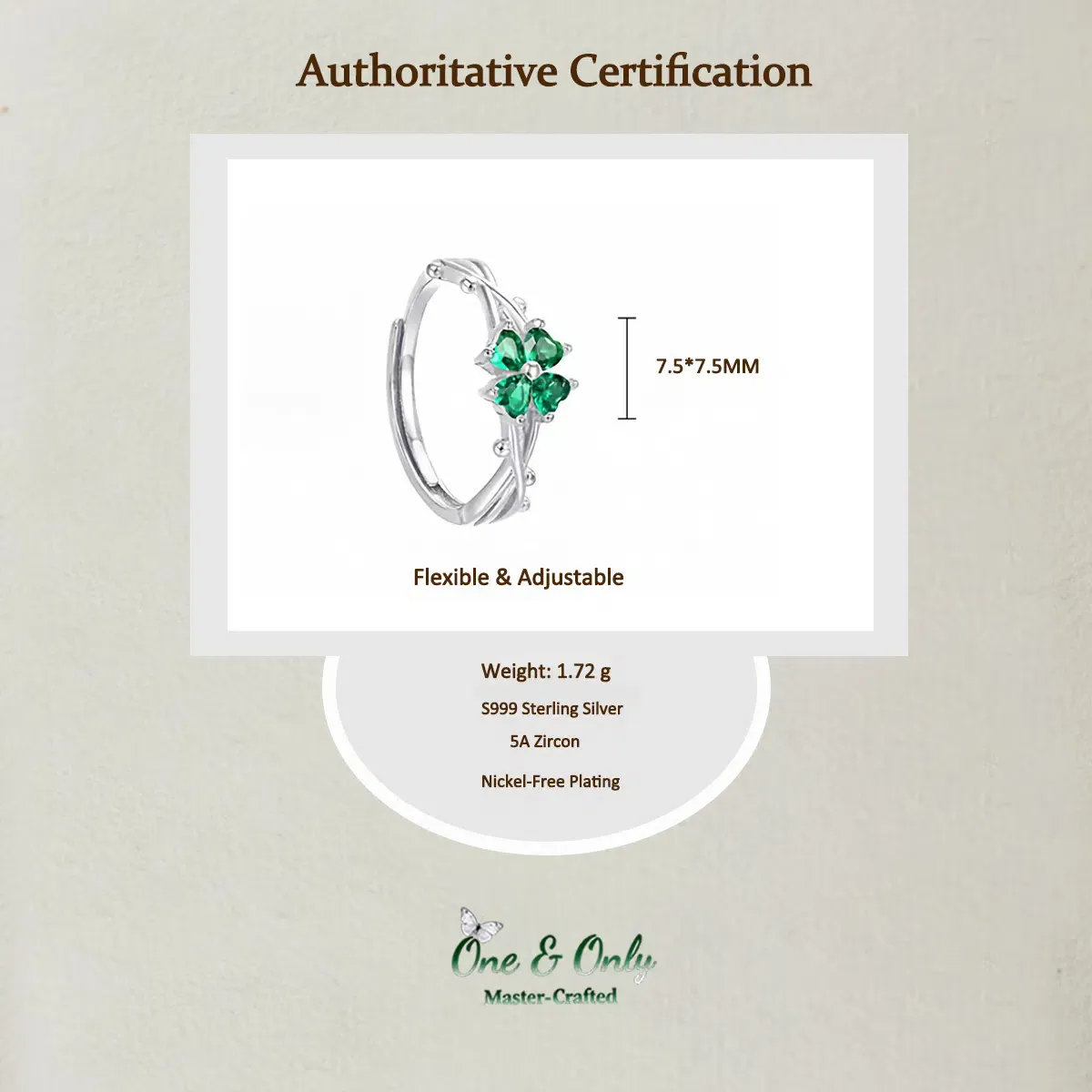 Sterling S999 Silve + 5A Grade Cubic Zirconia | Four-Leaf Clover Lucky Ring | Nickel-Free Plating | for Good Luck
