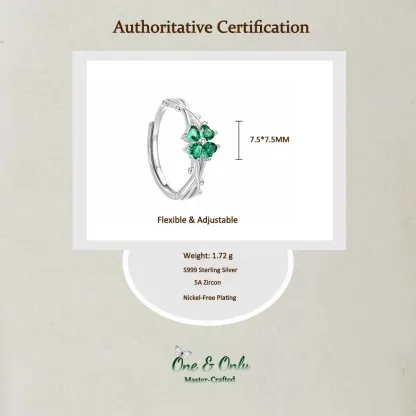 Sterling S999 Silve + 5A Grade Cubic Zirconia | Four-Leaf Clover Lucky Ring | Nickel-Free Plating | for Good Luck