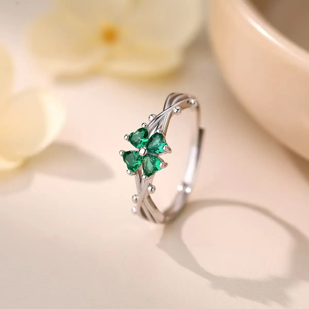 Sterling S999 Silve + 5A Grade Cubic Zirconia | Four-Leaf Clover Lucky Ring | Nickel-Free Plating | for Good Luck
