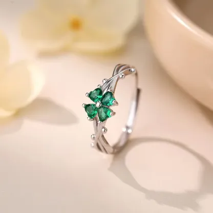 Sterling S999 Silve + 5A Grade Cubic Zirconia | Four-Leaf Clover Lucky Ring | Nickel-Free Plating | for Good Luck