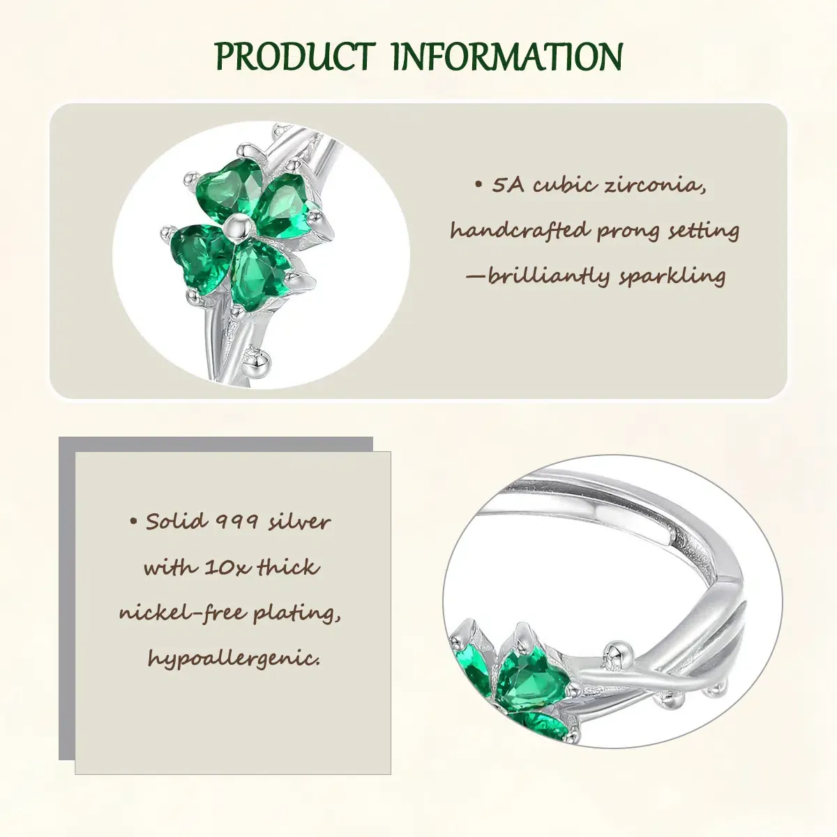 Sterling S999 Silve + 5A Grade Cubic Zirconia | Four-Leaf Clover Lucky Ring | Nickel-Free Plating | for Good Luck